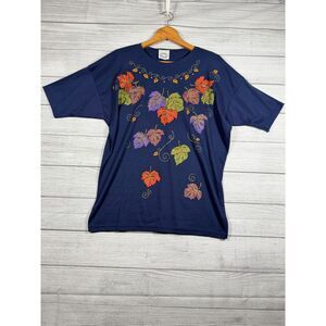 Vintage Sassy Sport Women’s XL Navy Fall Leaves Embellished T-Shirt 4193